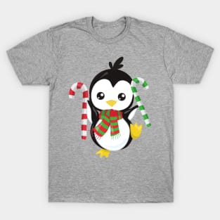 Christmas Penguin, Penguin With Scarf, Candy Cane T-Shirt